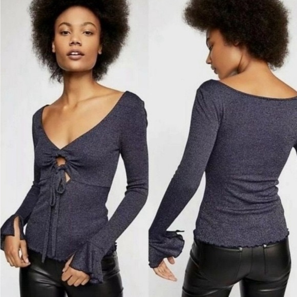 Free People Say When Navy Metallic Long Sleeve Top - Picture 1 of 5